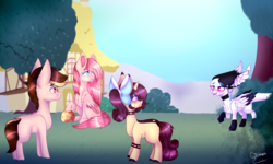 Size: 4493x2700 | Tagged: safe, artist:honeybbear, oc, oc:beatz, earth pony, nocturnal howler, original species, pegasus, pony, unicorn, ball, colt, female, filly, high res, male
