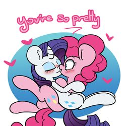 Size: 1500x1500 | Tagged: safe, artist:lou, pinkie pie, rarity, earth pony, pony, unicorn, g4, blushing, dialogue, duo, eyes closed, female, heart, lesbian, mare, open mouth, ship:raripie, shipping, smiling