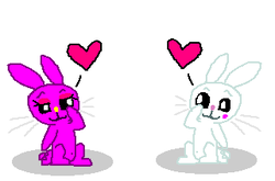 Size: 321x212 | Tagged: source needed, safe, artist:theinflater19, angel bunny, oc, oc:rosie bunny, rabbit, g4, canon x oc, female, happy, heart, implied shipping, implied straight, lidded eyes, looking at each other, male, raised eyebrow, raised leg, simple background, sitting, white background