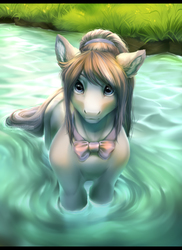 Size: 1556x2140 | Tagged: safe, artist:rrusha, oc, oc only, earth pony, pony, art trade, bowtie, digital art, female, grass, looking at you, mare, signature, solo, swimming, water
