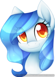 Size: 489x692 | Tagged: safe, artist:scarlet-spectrum, oc, oc only, oc:lota immersion, pony, art trade, bust, digital art, female, hair over one eye, looking at you, mare, portrait, signature, simple background, smiling, solo, transparent background, wide eyes