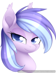 Size: 597x780 | Tagged: safe, artist:scarlet-spectrum, oc, oc only, oc:glowing jade, bat pony, pony, art trade, bat pony oc, bust, digital art, female, hair over one eye, lidded eyes, looking at you, mare, portrait, signature, simple background, smiling, solo, transparent background