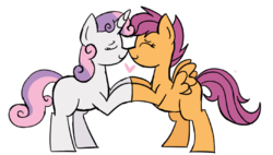Size: 1024x580 | Tagged: safe, artist:scoot11, scootaloo, sweetie belle, pony, g4, boop, cute, eyes closed, female, filly, heart, holding hooves, lesbian, noseboop, rearing, ship:scootabelle, shipping, simple background, smiling