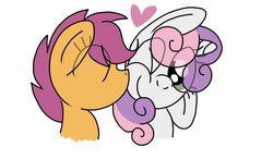 Size: 1024x600 | Tagged: safe, artist:colorfulwonders, scootaloo, sweetie belle, pegasus, pony, unicorn, g4, cheek kiss, cute, eyes closed, female, filly, heart, kissing, lesbian, one eye closed, ship:scootabelle, shipping, simple background, smiling, wink