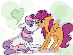 Size: 1600x1200 | Tagged: safe, artist:tinytayla, scootaloo, sweetie belle, pegasus, pony, unicorn, g4, abstract background, eyes closed, female, filly, heart, lesbian, older, one eye closed, shadow, ship:scootabelle, shipping, smiling, wink
