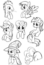 Size: 2303x3434 | Tagged: safe, artist:oceanbreezebrony, applejack, bon bon, derpy hooves, doctor whooves, lyra heartstrings, pinkie pie, sweetie drops, time turner, pony, g4, butt, doctor who, high res, meme, monochrome, plot, scrunchy face, simple background, sitting, sitting lyra, sonic screwdriver, sticker, the doctor, transparent background