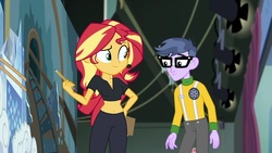 Size: 1536x864 | Tagged: safe, edit, edited screencap, screencap, microchips, sunset shimmer, all the world's off stage, equestria girls, equestria girls series, g4, all the world's off stage: micro chips, belly button, breasts, cleavage, clothes, glasses, midriff, pants, pencil, stage