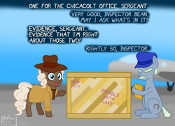 Size: 1500x1080 | Tagged: safe, artist:phallen1, pinkie pie, oc, oc:inspector coffee bean, comic:daring do and economy shipping, g4, alternate universe, atg 2018, canon x oc, clothes, comic, crate, daringverse, generic pony, hat, necktie, newbie artist training grounds, overcoat, shipper on deck, shipping