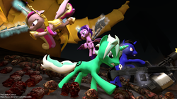 Size: 3840x2160 | Tagged: safe, artist:thecoldify, princess cadance, oc, oc:blassi, oc:colarus, oc:singalek, g4, 3d, deadheads, glowing horn, high res, horn, source filmmaker