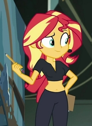 Size: 720x989 | Tagged: safe, edit, edited screencap, screencap, sunset shimmer, all the world's off stage, all the world's off stage: micro chips, equestria girls, g4, my little pony equestria girls: better together, belly button, clothes, female, midriff, pants, pencil, solo, stage