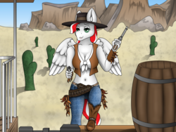 Size: 1024x768 | Tagged: safe, artist:zeronitroman, oc, oc only, oc:peppermint pattie, anthro, anthro oc, belly button, breasts, cleavage, female, gun, gunslinger, midriff, robbery, solo, weapon, western