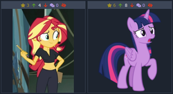 Size: 506x275 | Tagged: safe, artist:andoanimalia, edit, edited screencap, screencap, sunset shimmer, twilight sparkle, alicorn, pony, derpibooru, all the world's off stage, equestria girls, equestria girls series, forgotten friendship, g4, all the world's off stage: micro chips, clothes, female, juxtaposition, juxtaposition win, mare, meme, meta, open mouth, pants, pencil, raised hoof, simple background, stage, twilight sparkle (alicorn), vector