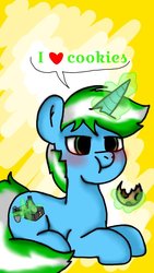 Size: 540x960 | Tagged: safe, artist:tesby peachy, oc, oc only, oc:igames, pony, unicorn, abstract background, cookie, cute, eating, food, glowing horn, green eyes, horn, magic, prone, simple background, solo, telekinesis, yellow background