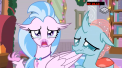 Size: 1280x720 | Tagged: safe, screencap, ocellus, silverstream, changedling, changeling, hippogriff, g4, the hearth's warming club, boomerang (tv channel), crying, duo, female, jewelry, necklace, sad, teary eyes