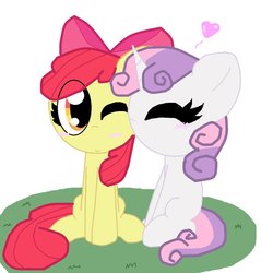 Size: 893x894 | Tagged: safe, artist:lola-rola, apple bloom, sweetie belle, earth pony, pony, unicorn, g4, blushing, cheek kiss, cute, eyes closed, female, filly, grass, heart, kissing, lesbian, one eye closed, ship:sweetiebloom, shipping, simple background, sitting, smiling, wink