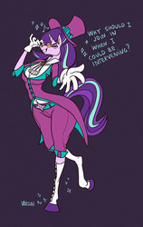 Size: 759x1200 | Tagged: safe, artist:ursa, snowfall frost, starlight glimmer, unicorn, anthro, unguligrade anthro, g4, bad anatomy, clothes, female, glasses, hat, solo, spats, top hat