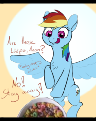 Size: 1015x1281 | Tagged: safe, artist:4th, rainbow dash, oc, oc:anon, g4, cereal, chest fluff, descriptive noise, eyes on the prize, food, froot loops, lööps, meme, tongue out