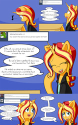 Size: 2000x3200 | Tagged: safe, artist:jake heritagu, sunset shimmer, pony, unicorn, comic:ask motherly scootaloo, comic:ask motherly sunset shimmer, g4, blushing, box, clothes, comic, female, high res, implied pregnancy, ship:flashimmer, shipping, singing, straight