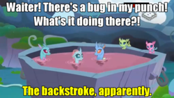Size: 1280x720 | Tagged: safe, screencap, axilla, carapace (g4), lumbar, ocellus, spiracle, changedling, changeling, nymph, g4, the hearth's warming club, boomerang (tv channel), fruit punch, image macro, meme