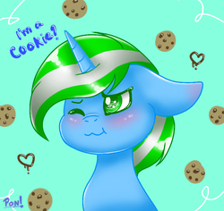 Size: 699x660 | Tagged: safe, artist:pon pon, oc, oc only, oc:igames, pony, blue background, cookie, cute, food, simple background, solo