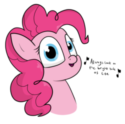 Size: 1939x1927 | Tagged: dead source, safe, artist:moonatik, pinkie pie, earth pony, pony, g4, bust, female, monty python, monty python's life of brian, music notes, positive ponies, simple background, singing, solo, song, song reference, transparent background, uplifting, vulgar description