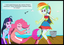 Size: 4629x3243 | Tagged: safe, artist:physicrodrigo, edit, editor:rmzero, part of a set, pinkie pie, rainbow dash, twilight sparkle, angler fish, mermaid, series:equestria mermaids, equestria girls, g4, boots, clothes, cloud, curse, cursed, dialogue, dr. wily, dress, mermaidized, ocean, pail, part of a series, scales, self ponidox, shoes, species swap, surprised, text, transformation