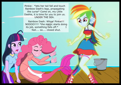 Size: 4629x3243 | Tagged: safe, artist:physicrodrigo, edit, editor:rmzero, part of a set, pinkie pie, rainbow dash, twilight sparkle, angler fish, mermaid, series:equestria mermaids, equestria girls, g4, boots, clothes, cloud, curse, cursed, dialogue, dress, mermaidized, ocean, pail, part of a series, scales, shoes, species swap, surprised, text, transformation