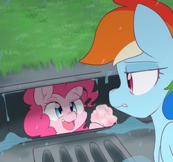 Size: 2048x1914 | Tagged: safe, artist:akainu_pony, pinkie pie, rainbow dash, earth pony, pegasus, pony, g4, cotton candy, duo, female, it, looking at each other, mare, open mouth, parody, pinkiewise, storm drain, this will end in cupcakes