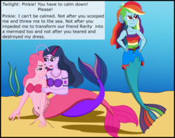 Size: 2837x2247 | Tagged: safe, artist:physicrodrigo, edit, editor:rmzero, part of a set, pinkie pie, rainbow dash, twilight sparkle, angler fish, mermaid, series:equestria mermaids, equestria girls, g4, belly button, clothes, cloud, curse, cursed, cutie mark, dialogue, dress, gills, high res, jewelry, mermaidized, midriff, necklace, ocean, part of a series, pearl, pearl necklace, scales, seashell bra, shell, species swap, text