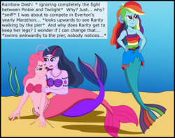 Size: 2837x2247 | Tagged: safe, artist:physicrodrigo, edit, editor:rmzero, part of a set, pinkie pie, rainbow dash, twilight sparkle, angler fish, mermaid, series:equestria mermaids, equestria girls, g4, belly button, clothes, cloud, curse, cursed, cutie mark, dialogue, dress, gills, high res, jewelry, mermaidized, midriff, necklace, ocean, part of a series, pearl, pearl necklace, scales, seashell bra, shell, species swap, text