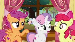 Size: 1280x720 | Tagged: safe, screencap, apple bloom, cozy glow, scootaloo, sweetie belle, pegasus, pony, unicorn, g4, marks for effort, apple tree, clubhouse, crusaders clubhouse, crying, cutie mark crusaders, female, filly, pure concentrated unfiltered evil of the utmost potency, pure unfiltered evil, tree, tree stump, window