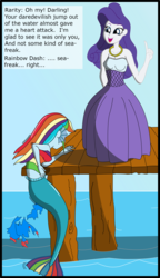 Size: 2011x3486 | Tagged: safe, artist:physicrodrigo, edit, editor:rmzero, part of a set, rainbow dash, rarity, mermaid, series:equestria mermaids, equestria girls, g4, clothes, curse, cursed, day, dialogue, dress, high res, jewelry, mermaidized, midriff, necklace, ocean, part of a series, pearl, pearl necklace, species swap, text