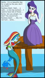 Size: 2011x3486 | Tagged: safe, artist:physicrodrigo, edit, editor:rmzero, part of a set, rainbow dash, rarity, mermaid, series:equestria mermaids, equestria girls, g4, clothes, curse, cursed, day, dialogue, dress, high res, jewelry, mermaidized, midriff, necklace, ocean, part of a series, pearl, pearl necklace, species swap, text