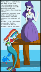 Size: 2011x3486 | Tagged: safe, artist:physicrodrigo, edit, editor:rmzero, part of a set, rainbow dash, rarity, mermaid, series:equestria mermaids, equestria girls, g4, clothes, curse, cursed, day, dialogue, dress, high res, jewelry, mermaidized, midriff, necklace, ocean, part of a series, pearl, pearl necklace, species swap, text