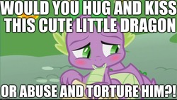 Size: 1024x576 | Tagged: safe, edit, edited screencap, editor:useraccount, screencap, spike, dragon, father knows beast, g4, abuse, blushing, cute, image macro, meme, question, spikabetes, spikeabuse, winged spike, wings