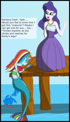 Size: 2011x3486 | Tagged: safe, artist:physicrodrigo, edit, editor:rmzero, part of a set, rainbow dash, rarity, mermaid, series:equestria mermaids, equestria girls, g4, clothes, curse, cursed, day, dialogue, dress, high res, jewelry, mermaidized, midriff, necklace, ocean, part of a series, pearl, pearl necklace, species swap, text