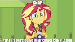 Size: 800x450 | Tagged: safe, sunset shimmer, equestria girls, equestria girls specials, g4, my little pony equestria girls: better together, my little pony equestria girls: forgotten friendship, camera, cringe compilation, geode of empathy, image macro, impact font, meme, reaction image, shrek