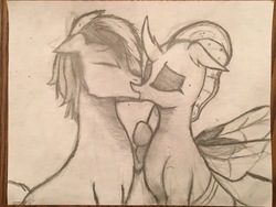 Size: 4032x3024 | Tagged: safe, artist:drawer450, ocellus, sandbar, changedling, changeling, earth pony, pony, g4, couple, duo, eyes closed, female, kissing, making out, male, romantic, ship:ocelbar, shipping, straight, traditional art