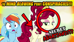 Size: 640x360 | Tagged: safe, cherry jubilee, rainbow dash, earth pony, pegasus, pony, g4, abortion, clickbait, conspiracy theory, duo, op is a duck, op is trying to start shit so badly that it's kinda funny, op is trying too hard, parody, red circle, theory, youtube thumbnails be like