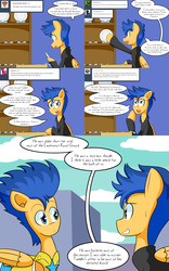 Size: 2000x3200 | Tagged: safe, artist:jake heritagu, flash sentry, pegasus, pony, comic:ask motherly scootaloo, comic:ask motherly sunset shimmer, g4, clothes, comic, high res, male, plate, self paradox, ship:flashimmer, shipping, straight