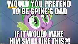 Size: 1024x576 | Tagged: safe, edit, edited screencap, editor:useraccount, screencap, spike, dragon, father knows beast, g4, adoption, baby, baby dragon, begging, bronybait, cute, dad, hands together, image macro, impact font, logo, love, male, meme, nick jr., question, solo, spikabetes, spikelove, text, twilight's castle, watermark