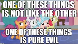 Size: 1024x576 | Tagged: safe, edit, edited screencap, editor:useraccount, screencap, apple bloom, cozy glow, scootaloo, sweetie belle, pony, g4, school raze, cutie mark crusaders, evil, evil grin, female, filly, foal, grin, group, image macro, meme, one of these things is not like the others, pure concentrated unfiltered evil of the utmost potency, pure unfiltered evil, quartet, sesame street, smiling