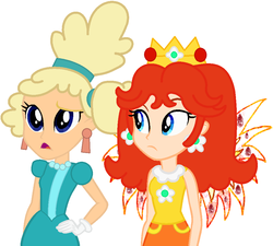 Size: 964x866 | Tagged: safe, artist:diamond-bases, artist:diamondlbases, artist:user15432, human, equestria girls, g4, barely eqg related, base used, clothes, crossover, crown, cuphead, duo, ear piercing, earring, equestria girls style, equestria girls-ified, fairy wings, gloves, hasbro, hasbro studios, jewelry, necklace, piercing, princess daisy, regalia, sally stageplay, studio mdhr, super mario bros., super smash bros., wings