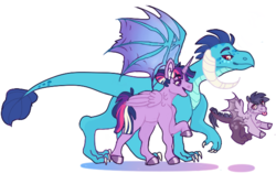 Size: 600x400 | Tagged: safe, artist:meepxmorp, princess ember, twilight sparkle, oc, oc:scarlett, alicorn, dracony, dragon, hybrid, pony, g4, alternate hairstyle, dragon lord ember, female, lesbian, magical lesbian spawn, mare, offspring, parent:princess ember, parent:twilight sparkle, parents:emberlight, rainbow power, ship:emberlight, shipping, simple background, smiling, spread wings, story included, tongue out, trio, twilight sparkle (alicorn), walking, white background, wings
