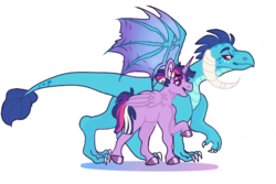 Size: 600x400 | Tagged: safe, alternate version, artist:meepxmorp, princess ember, twilight sparkle, alicorn, dragon, pony, g4, alternate hairstyle, female, lesbian, mare, rainbow power, ship:emberlight, shipping, simple background, smiling, spread wings, twilight sparkle (alicorn), walking, white background, wings