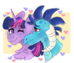 Size: 700x600 | Tagged: safe, artist:meepxmorp, princess ember, twilight sparkle, alicorn, dragon, pony, g4, abstract background, blushing, bust, chest fluff, female, heart, lesbian, looking at each other, mare, nuzzling, one eye closed, ship:emberlight, shipping, smiling, twilight sparkle (alicorn)