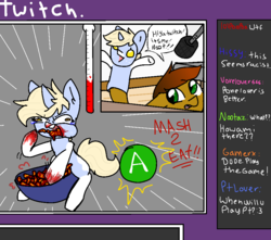 Size: 940x830 | Tagged: safe, artist:nootaz, oc, oc:nootaz, oc:twitchyylive, pony, commission, dialogue, eating, food, livestream, puppet, twitch, video game
