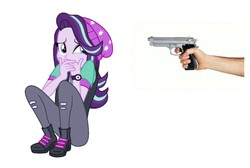 Size: 1275x859 | Tagged: safe, artist:davidsfire, edit, starlight glimmer, equestria girls, equestria girls specials, g4, my little pony equestria girls: mirror magic, abuse, background pony strikes again, beanie, downvote bait, glimmerbuse, gun, hat, imminent death, imminent murder, op is a duck, op is trying to start shit, op isn't even trying anymore, scared, scaredy glimmer, simple background, this will end in murder, weapon, white background