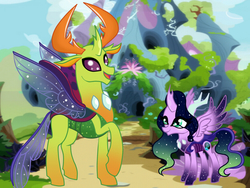 Size: 1024x768 | Tagged: safe, artist:owocrystalcatowo, thorax, oc, oc:aurora heart, changedling, changeling, changepony, g4, female, king thorax, parent:oc:crystal heart, parent:thorax