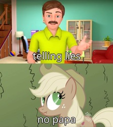 Size: 987x1110 | Tagged: safe, edit, edited screencap, screencap, applejack, g4, the return of harmony, all new, dank memes, hub logo, image macro, johnny johnny yes papa, liar face, liarjack, meme, scrunchy face, text, wat